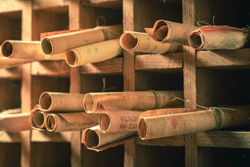 Poster - Library full of manuscripts in wooden box as mystical background