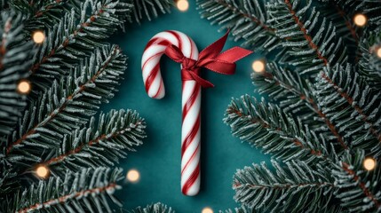 Poster - Christmas Candy Cane with Pine Branches and Lights