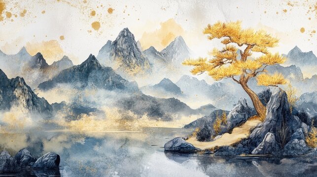 Oriental style mural with a golden pine tree, mountains landscape, lake scenery. Watercolor wallpaper background with gold clouds