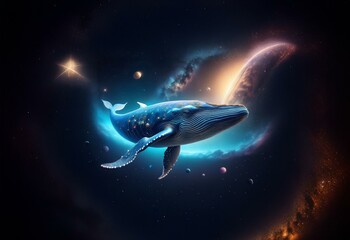 Poster - A blue whale swims through a cosmic expanse of stars, planets, and nebulas.
