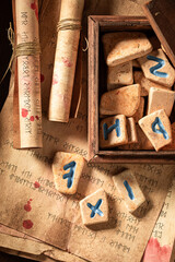 Poster - Rune stones and scrolls with futhark alphabet as mystical background