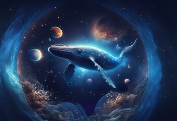 Poster - A whale swims through a starry sky with planets scattered across the cosmic background, seemingly contained within a celestial ring.