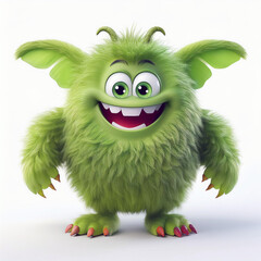 A cheerful green monster with big eyes and a wide smile, standing against a bright white background. Its fluffy fur adds to its cuddly charm.