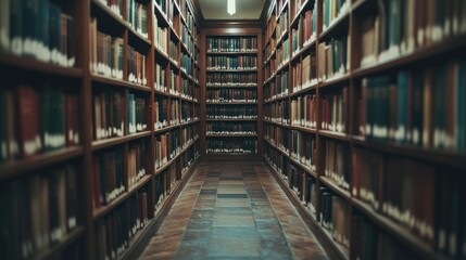 Poster - Rows of Books on Wooden Shelves in a Library