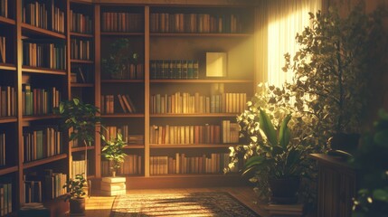 Poster - Sunlit Bookshelf with Plants in a Cozy Room