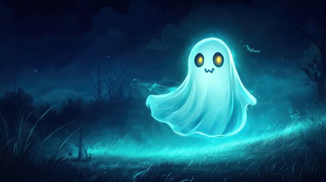Halloween ghost glowing in the dark at night, funny cartoon character