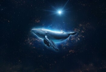 Poster - A whale swims through a starry sky with a bright star shining above.