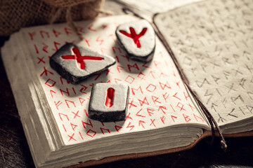 Poster - Rune stones omen based on futhark alphabet as mystical background