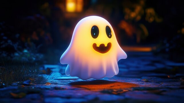 Halloween ghost glowing in the dark at night, funny cartoon character