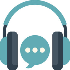 Poster - simple icon of headphones with speech bubble, symbolizing online podcast, audiobook, or customer sup