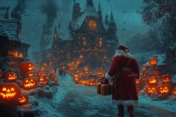 Wall Mural - Santa Claus walks through a snowy village decorated with pumpkins towards a mysterious castle in the distance.