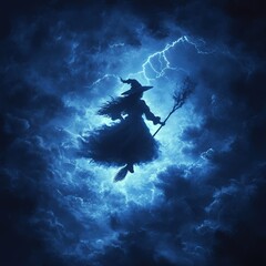 Sticker - Silhouette of a witch flying on a broomstick with lightning in the background.