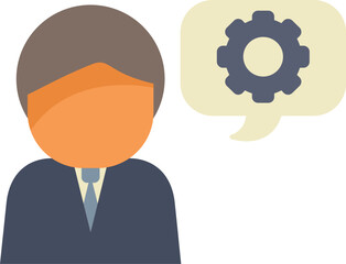 Poster - businessman is thinking about work with a gear icon in a speech bubble above his head