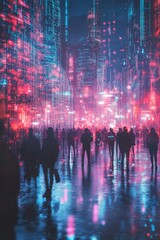 Poster - Silhouettes of people walking in a futuristic cityscape with neon lights reflecting on the wet pavement.