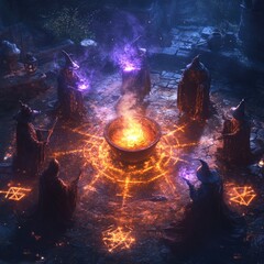 Sticker - Six hooded figures stand around a burning cauldron, chanting magic spells, with glowing runes in the stone.