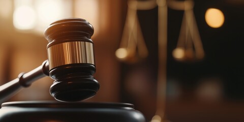 The image features a close-up of a judge's gavel striking down, set against the background of justice scales, symbolizing law, order, and legal authority in a courtroom.