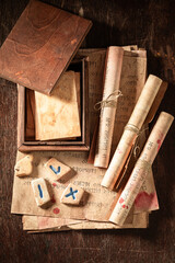 Poster - Rune cards, stones and ancient manuscript as a mystical background
