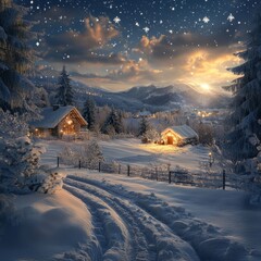 Sticker - Snowy winter landscape with two wooden houses at sunset, snow-covered mountains and a starry sky.