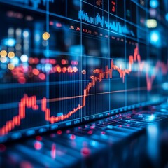 Poster - Stock market chart displaying upward trend with city lights in the background.