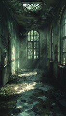 Canvas Print - Sunbeams illuminate a long, dark hallway in an abandoned building.