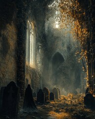 Canvas Print - Sunbeams illuminate a graveyard with overgrown foliage and a crumbling church in the background.