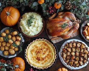 Poster - Thanksgiving dinner table setting with roasted turkey, mashed potatoes, pumpkin pie, and stuffing.