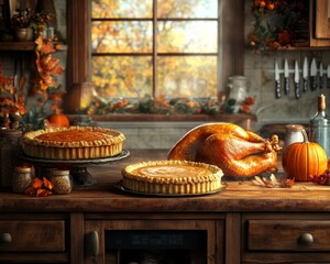 Wall Mural - Thanksgiving dinner spread with pumpkin pie and roasted turkey on a wooden table.