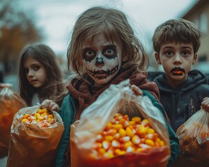 Canvas Print - Three children in Halloween costumes holding bags of candy.