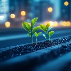 Poster - Three green sprouts growing in a crack in the sidewalk against a city skyline at night.