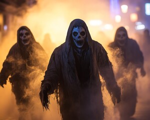 Wall Mural - Three hooded figures with scary masks walk through smoky city streets.