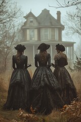 Canvas Print - Three women in black dresses stand in a foggy field, looking at an old house.