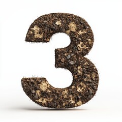 3D number 3 with soil texture realistic modern design, soft lighting, white background.