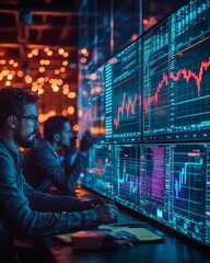 Poster - Two businessmen analyzing financial data on multiple monitors in a modern office.