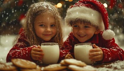 Wall Mural - Two children in Santa hats enjoy cookies and milk under falling snow.