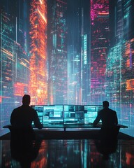 Sticker - Two figures sit at a desk, facing a large screen displaying a futuristic city skyline.