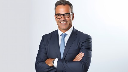 Professional man in a suit smiles confidently against a neutral background.