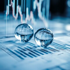 Canvas Print - Two glass spheres reflecting a financial chart on a table.