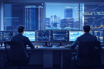 Sticker - Two programmers work late at night in a modern office with a city view, analyzing data on multiple computer screens.