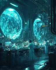 Poster - Two scientists work in a futuristic lab with large glowing orbs.