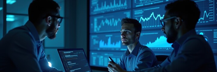 three professionals discuss data insights in a dark, tech-filled office, showcasing collaboration an