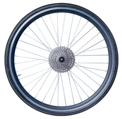 Bicycle wheel with sprockets used for bicycle derailleurs. Isolated background.