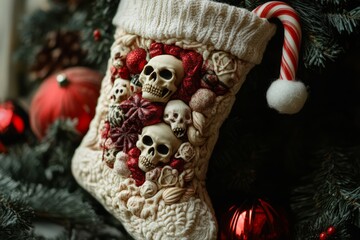 Sticker - White Christmas stocking with skull ornaments and candy cane.