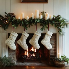 Canvas Print - White Christmas stockings hang above a roaring fireplace with candles and greenery.