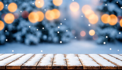 empty wooden table top with snow and Blurred bokeh light in the concept of Christmas background