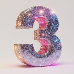 3D number 3 with glitter texture realistic modern design, soft lighting, white background 