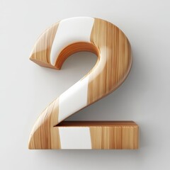 3D number 2 with wooden texture realistic modern design, soft lighting, white background 