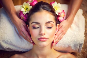 A beautiful woman having head massage in a spa center