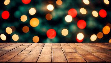 Sticker - empty wooden table top with Blurred bokeh light in the concept of Christmas background