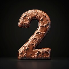 3D number 2 with chocolate texture realistic modern design, soft lighting, black background. 