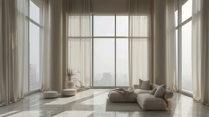 Wall Mural - Interior of modern living room with white walls, tiled floor, white sofa and window with city view.